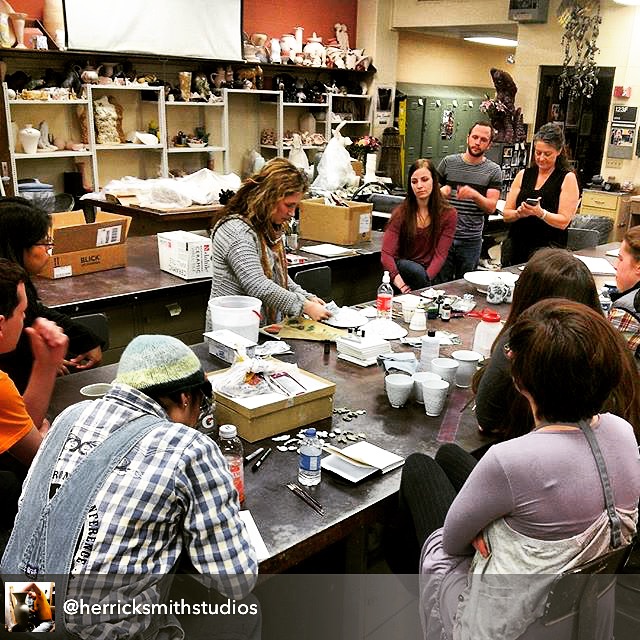 Gold luster / decal application in ceramics workshop by Melanie Sherman at Fort Hays State University