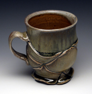 Coffee / Tea Cup, green celadon, shino glaze, wood fired porcelain