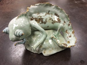 gold luster / decal application in ceramics workshop by melanie sherman - student work sample