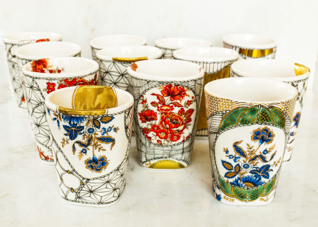 Sake Cups | Porcelain, handmade, and handpainted | Vintage English Blue, Red & Gold Flowers | 24k German Gold Luster